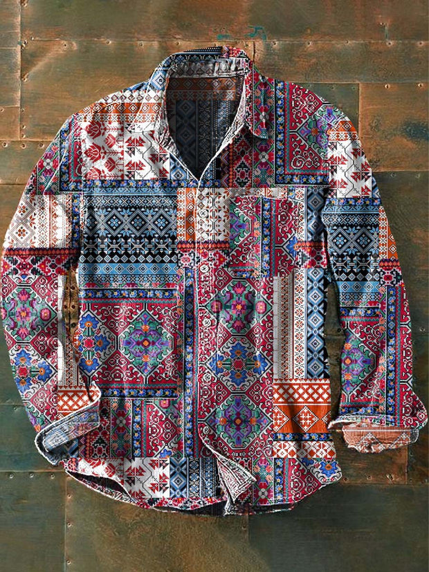 Men's Western Style Pattern Printed Casual Lapel Long Sleeve Shirt