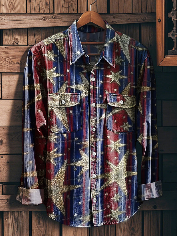 Men's Vintage Color Stripe Star Pattern Long Sleeve Workwear Pocket Shirt