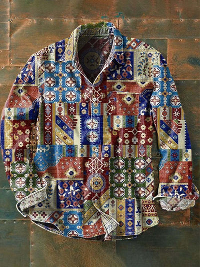 Men's Western Style Pattern Printed Casual Lapel Long Sleeve Shirt