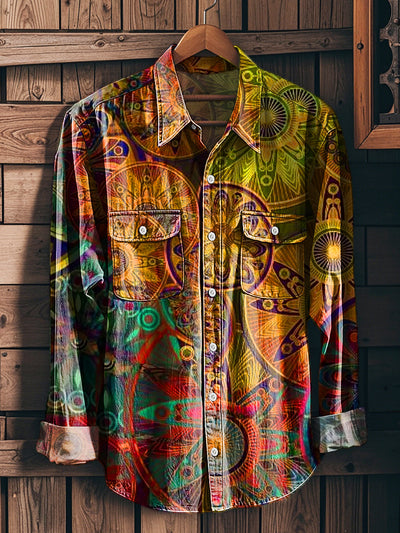 Men's Vintage Colorful Mandala Pattern Long Sleeve Workwear Pocket Shirt