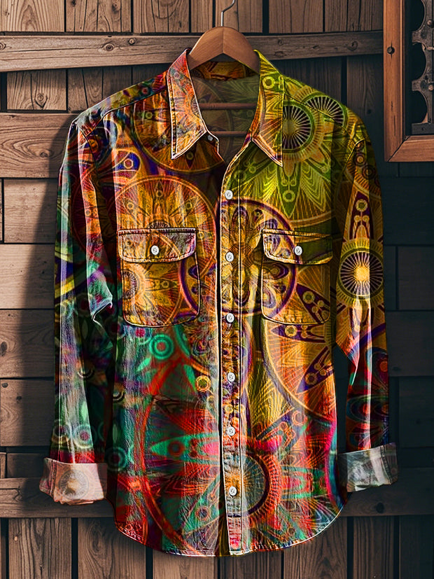 Men's Vintage Colorful Mandala Pattern Long Sleeve Workwear Pocket Shirt
