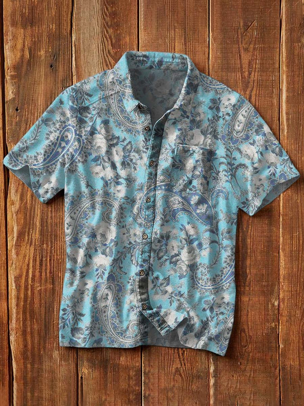 Men's Retro Cashew Flower Print Casual Lapel Short Sleeve Shirt