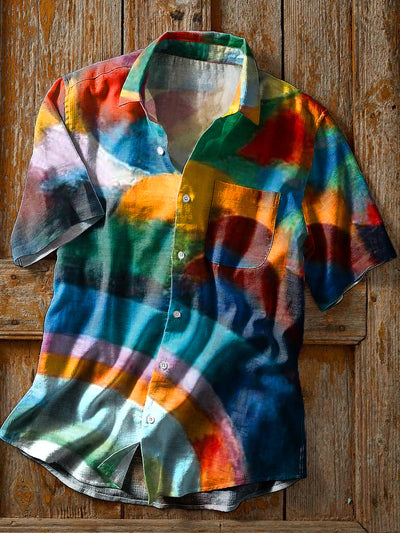 Men's Vintage Rainbow Color Abstract Art Print Short Sleeve Pocket Shirt