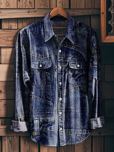 Men's Vintage Denim Patchwork Pattern Long Sleeve Workwear Pocket Shirt