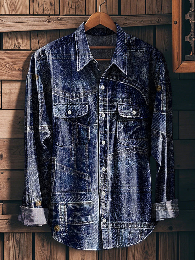 Men's Vintage Denim Patchwork Pattern Long Sleeve Workwear Pocket Shirt