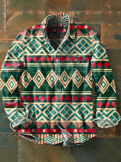 Men's Western Style Pattern Printed Casual Lapel Long Sleeve Shirt