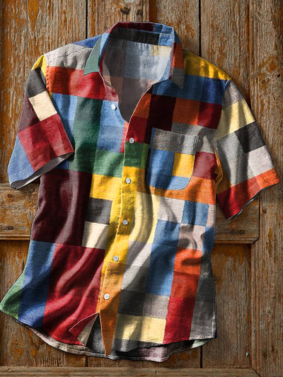 Men's Vintage Colorful Plaid Art Print Short Sleeve Pocket Shirt