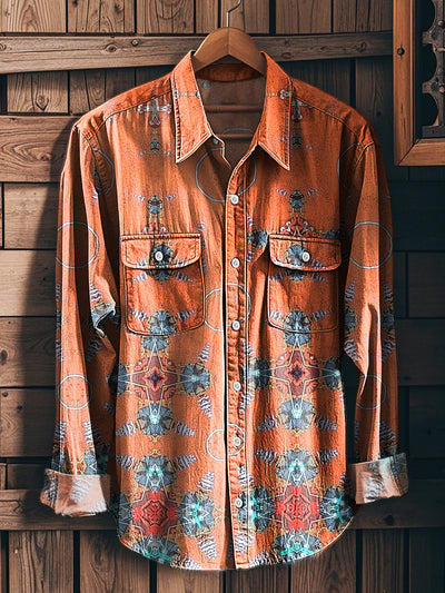 Men's Vintage Ethnic Symmetrical Floral Pattern Long Sleeve Workwear Pocket Shirt