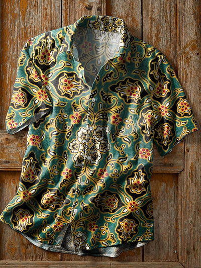 Men's Vintage Symmetrical Floral Art Print Short Sleeve Pocket Shirt