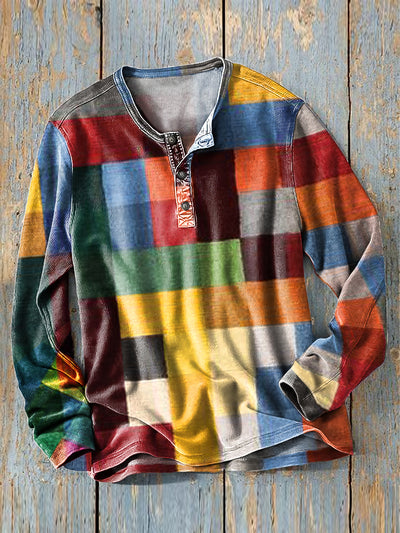 Men's Vintage Colorful Plaid Art Print Long Sleeve Henley Shirt