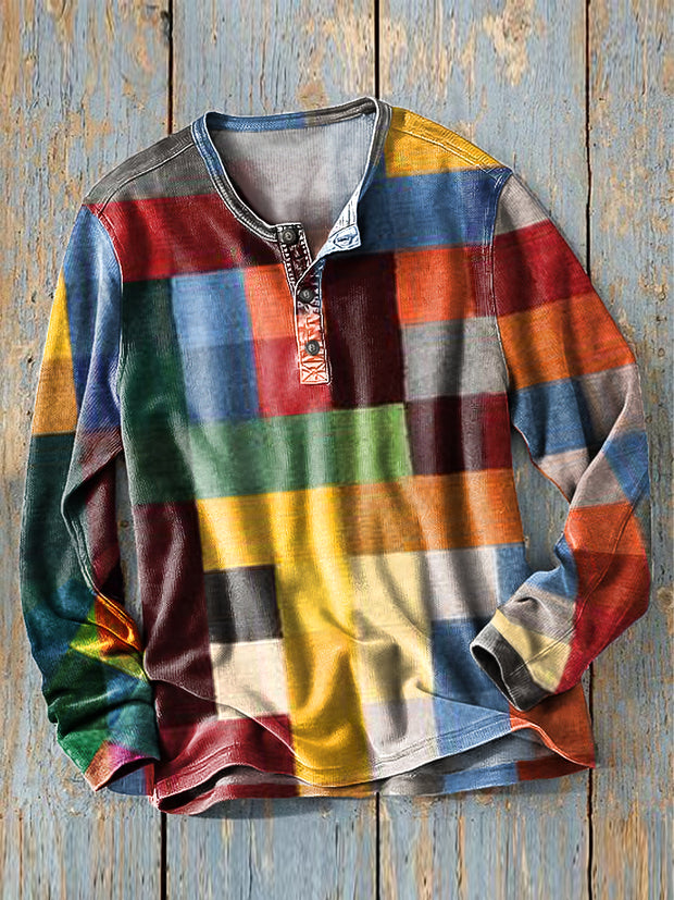 Men's Vintage Colorful Plaid Art Print Long Sleeve Henley Shirt