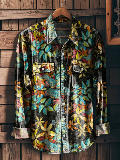 Men's Vintage Peacock Floral Long Sleeve Workwear Pocket Shirt