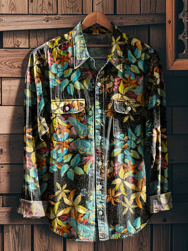 Men's Vintage Peacock Floral Long Sleeve Workwear Pocket Shirt