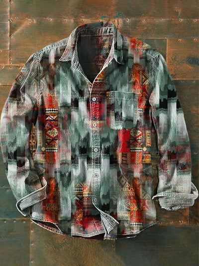 Men's Vintage Western Style Pattern Printed Casual Lapel Long Sleeve Shirt