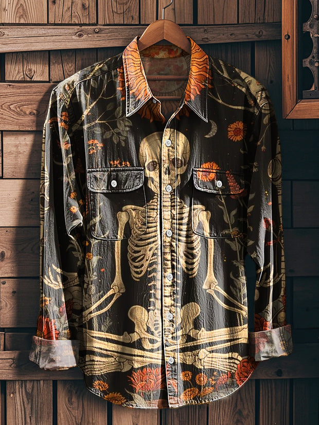 Men's Vintage Skull Floral Long Sleeve Workwear Pocket Shirt