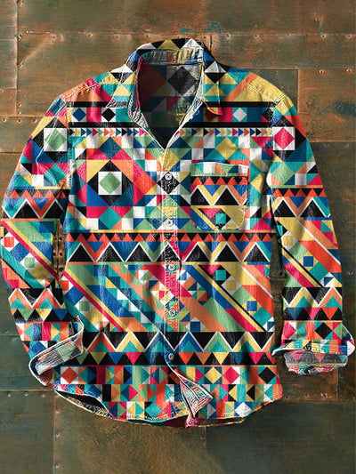 Men's Western Style Pattern Printed Casual Lapel Long Sleeve Shirt