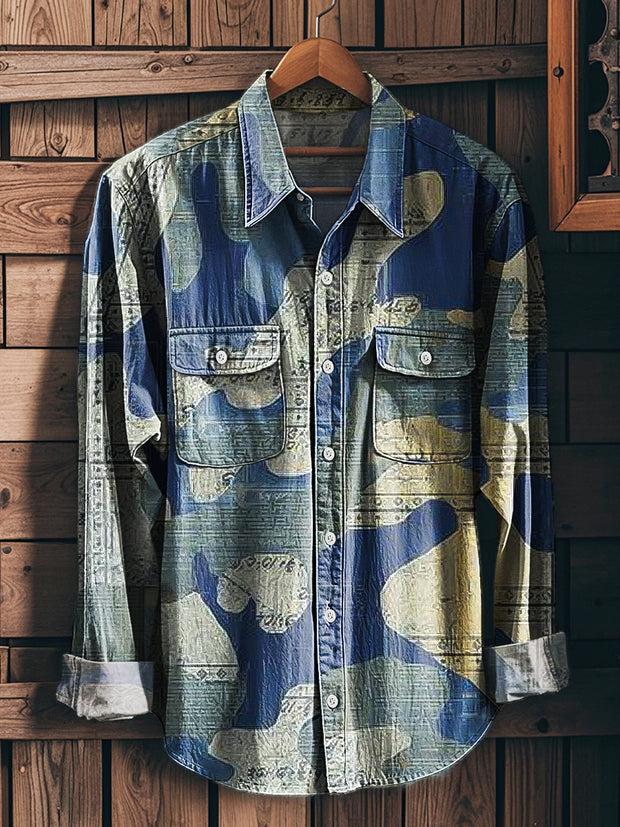 Men's Vintage Camouflage Letter Art Print Long Sleeve Workwear Pocket Shirt