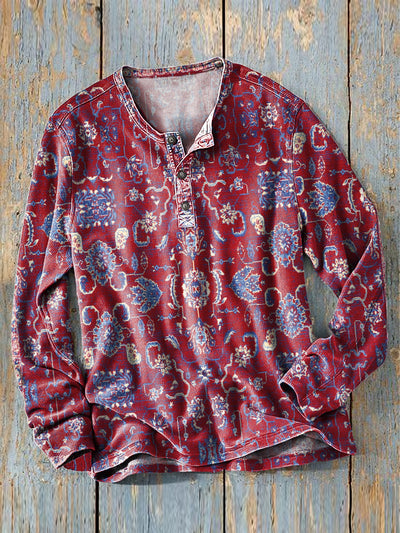 Men's Vintage Ethnic Symmetrical Floral Art Print Long Sleeve Henley Shirt