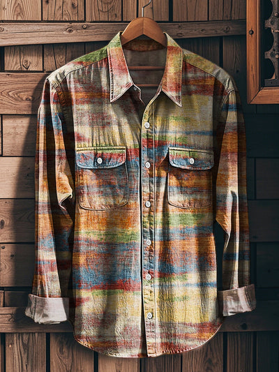 Men's Vintage Color Swoosh Stripe Art Print Long Sleeve Workwear Pocket Shirt