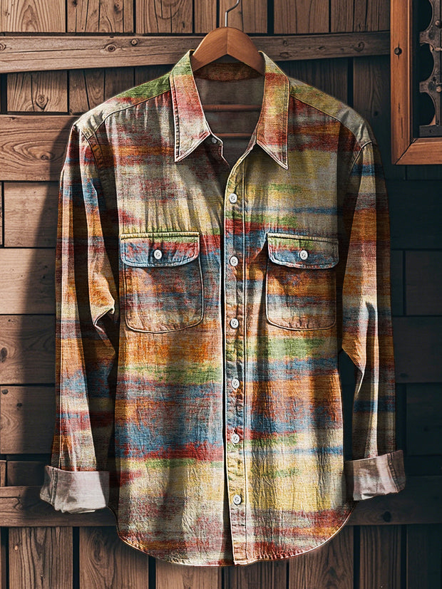Men's Vintage Color Swoosh Stripe Art Print Long Sleeve Workwear Pocket Shirt