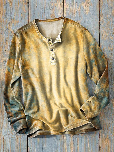 Men's Vintage Swoosh Art Print Long Sleeve Henley Shirt