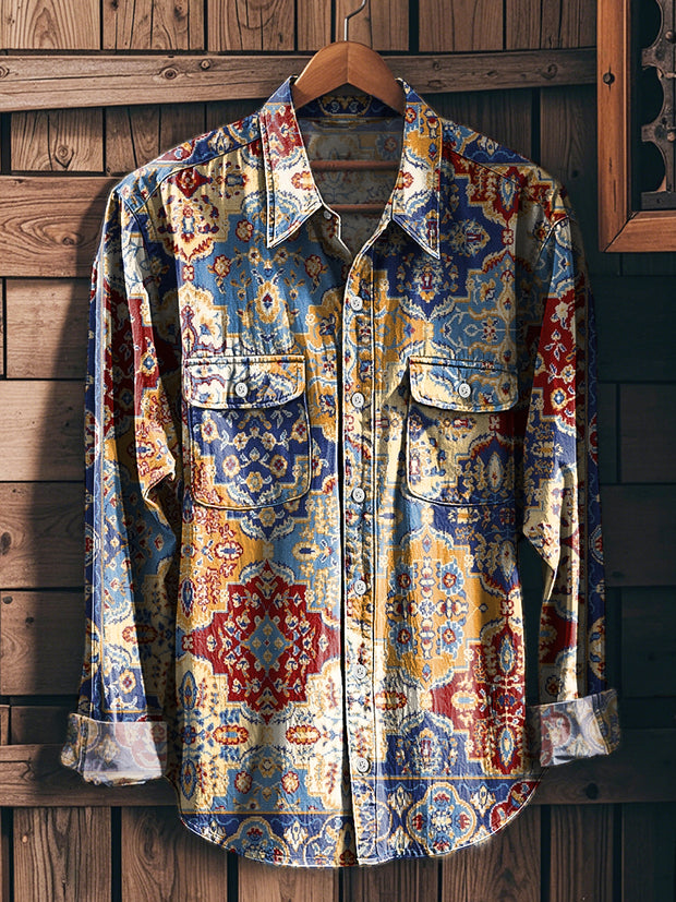 Men's Vintage Colorful Ethnic Geometric Art Print Long Sleeve Workwear Pocket Shirt