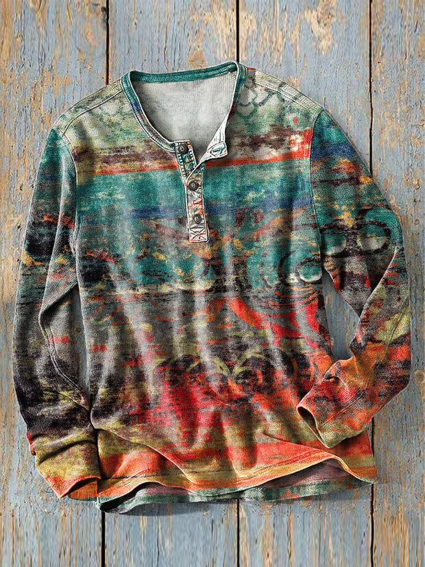 Men's Retro Abstract Ethnic Stripe Art Print Long Sleeve Henley Shirt