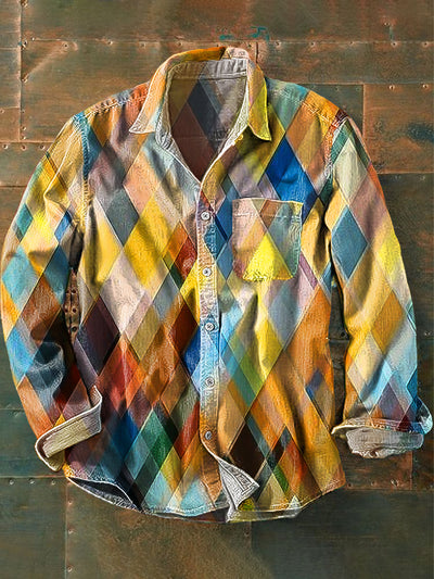 Men's Vintage Abstract Colorful Geometric Art Print Long Sleeve Pocket Shirt