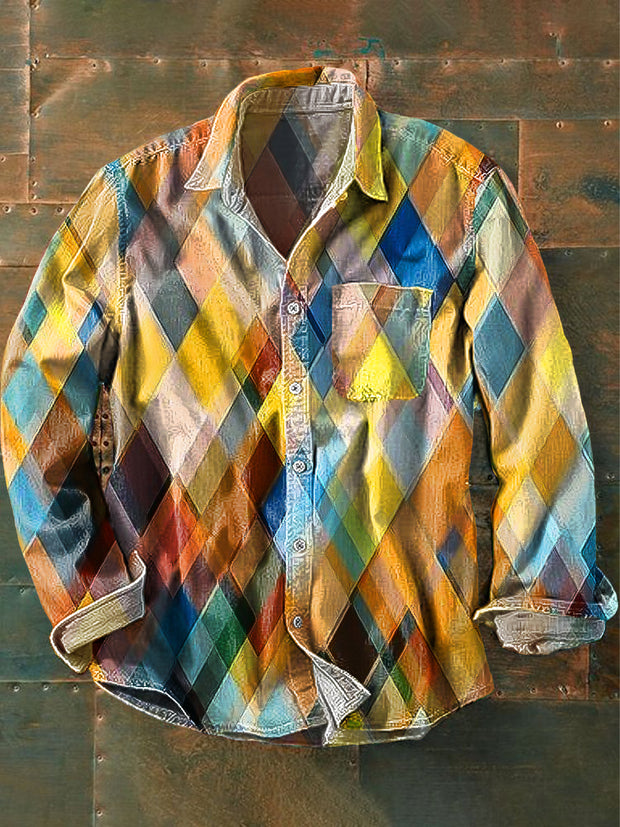 Men's Vintage Abstract Colorful Geometric Art Print Long Sleeve Pocket Shirt