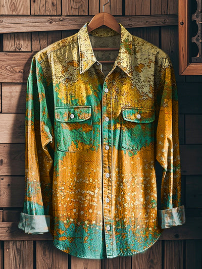 Men's Vintage Colorful Irregular Art Print Long Sleeve Workwear Pocket Shirt