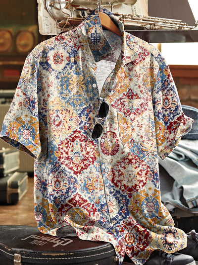 Men's Vintage Aged Ethnic Geometric Art Print Short Sleeve Pocket Shirt