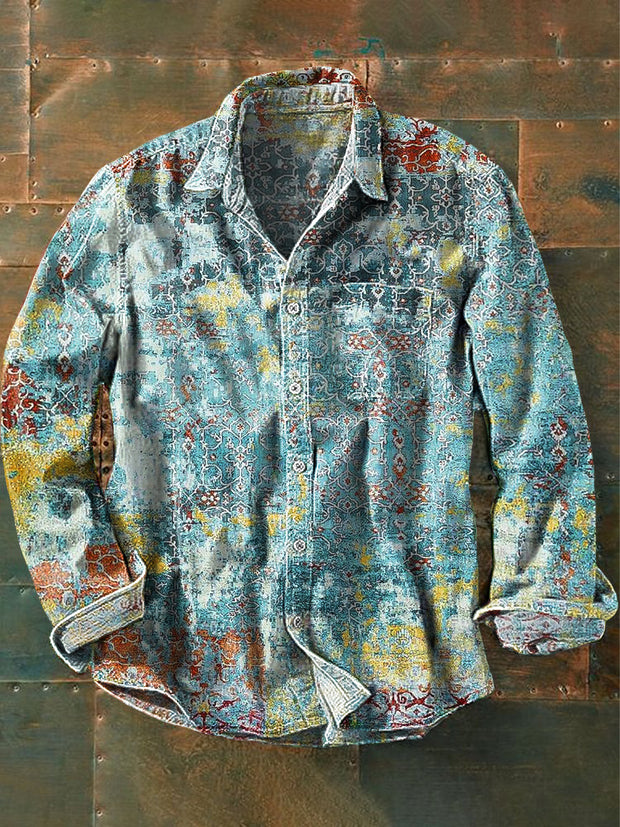 Men's Vintage Abstract Ethnic Floral Art Print Long Sleeve Pocket Shirt