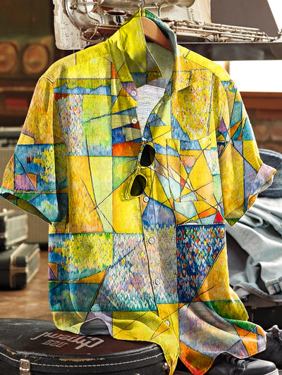 Men's Vintage Colorful Abstract Geometric Art Print Short Sleeve Pocket Shirt