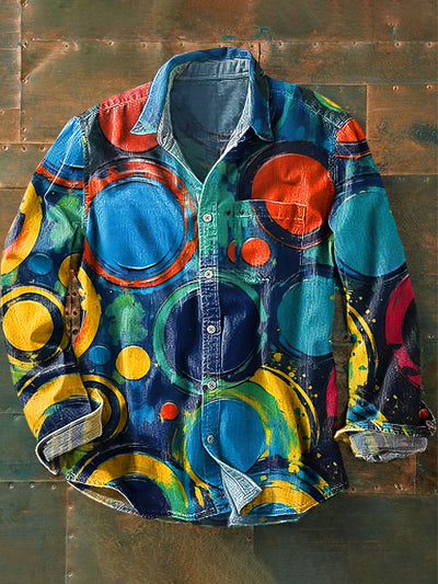 Men's Vintage Colorful Circle Oil Painting Art Print Long Sleeve Pocket Shirt