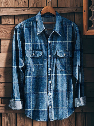 Men's Vintage Denim Color Plaid Art Print Long Sleeve Workwear Pocket Shirt