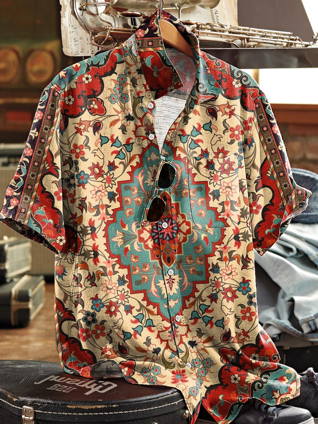 Men's Vintage Colorful Ethnic Geometric Art Print Short Sleeve Pocket Shirt