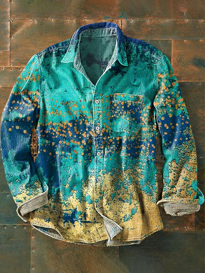 Men's Vintage Colorful Irregular Art Print Long Sleeve Pocket Shirt