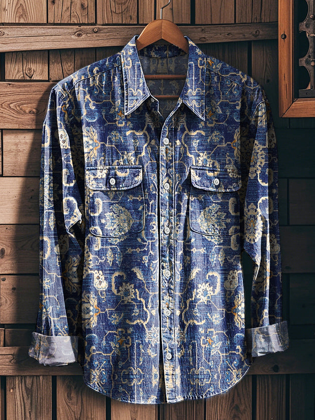 Men's Vintage Ethnic Geometric Floral Art Print Long Sleeve Workwear Pocket Shirt