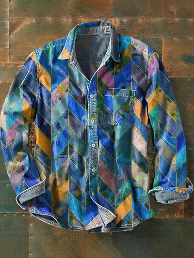 Men's Vintage Colorful Irregular Geometric Art Print Long Sleeve Pocket Shirt