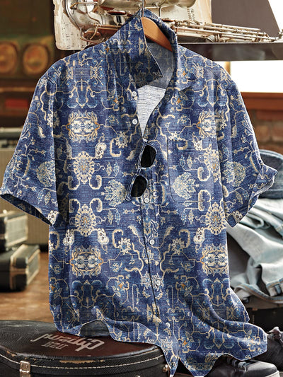 Men's Vintage Ethnic Symmetrical Floral Art Print Short Sleeve Pocket Shirt