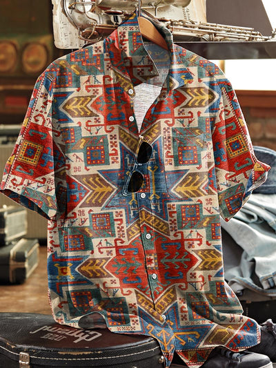 Men's Vintage Ethnic Symmetrical Geometric Art Print Short Sleeve Pocket Shirt