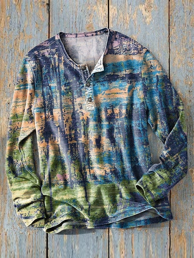 Men's Vintage Abstract Colorful Ink Art Print Long Sleeve Henley Shirt
