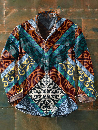 Men's Vintage Tribal Ethnic Print Casual Lapel Long Sleeve Shirt