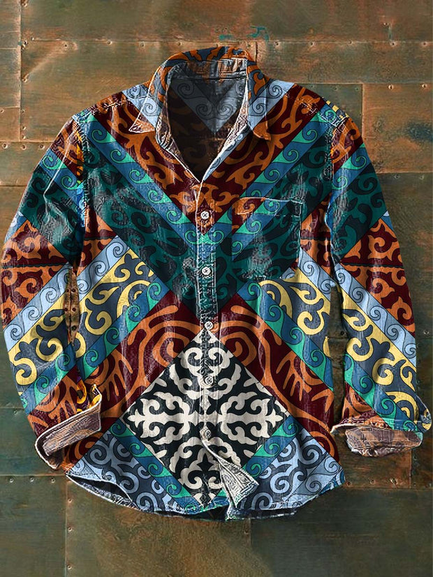 Men's Vintage Tribal Ethnic Print Casual Lapel Long Sleeve Shirt
