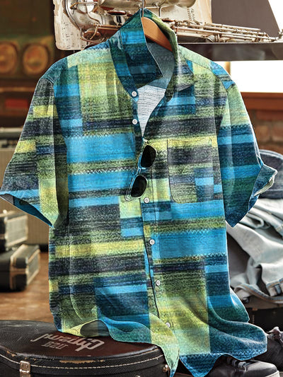 Men's Vintage Irregular Colorful Geometric Art Print Short Sleeve Pocket Shirt