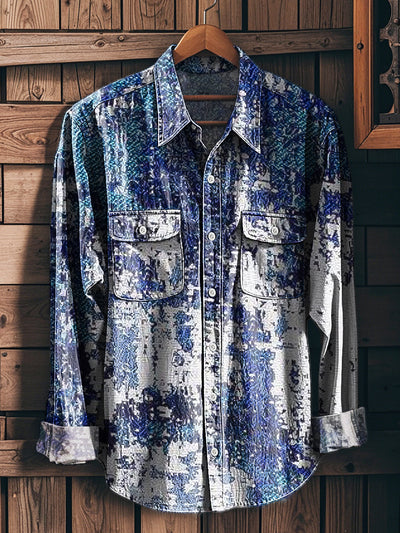 Men's Vintage Abstract Ink Art Print Long Sleeve Workwear Pocket Shirt