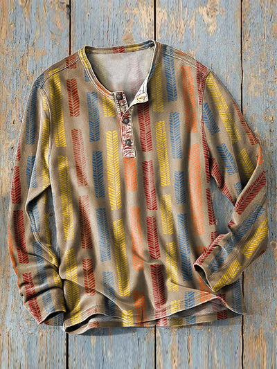 Men's Vintage Colorful Abstract Stripe Art Print Long Sleeve Henley Shirt