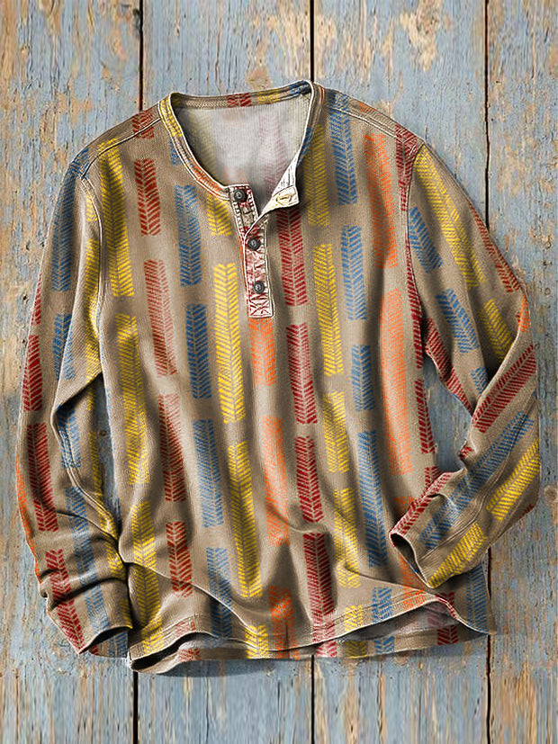 Men's Vintage Colorful Abstract Stripe Art Print Long Sleeve Henley Shirt