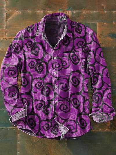 Men's Vintage Swirl Print Casual Lapel Long Sleeve Shirt