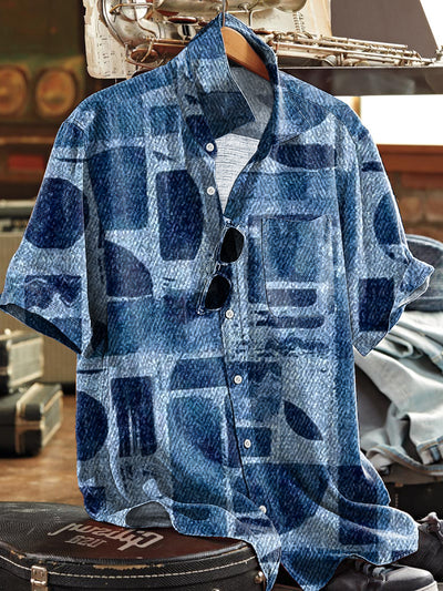 Men's Vintage Irregular Geometric Art Print Short Sleeve Pocket Shirt